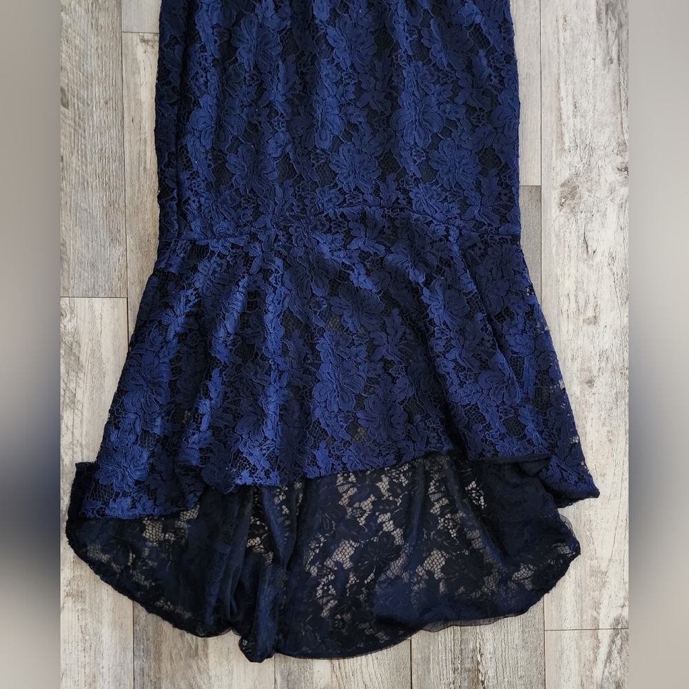 Xscape Off-the-Shoulder High Low Floral Flouce Lace Dress- Navy Blue - Picture 6 of 12